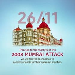 Mourning post design with Mumbai skyline silhouette, memorial candle, and "In Memory of 26/11" text