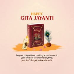 Spiritual social media post template celebrating Gita Jayanti with religious symbols by AiFlexa