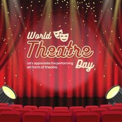 World Theatre Day post design with stage curtains and drama masks – AiFlexa