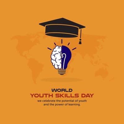 Young person learning digital skills with icons of coding, tools, and gears