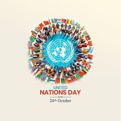 United Nations Day social post with UN emblem, peace dove, and flags