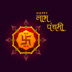 Traditional Labh Pancham social media post with diya and rangoli design