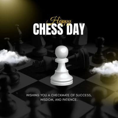 Close-up of chessboard with strategic move and "World Chess Day" headline