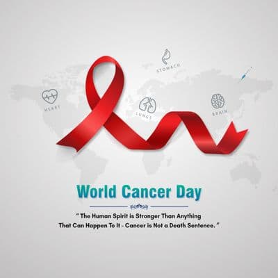 World Cancer Day awareness ribbon and people supporting global cancer prevention campaign