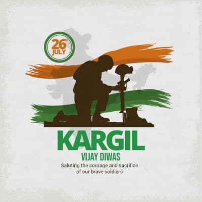 Kargil remembrance post with silhouette of Indian Army and dusk sky background