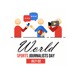 Illustration celebrating World Sports Journalists Day with sports media icons