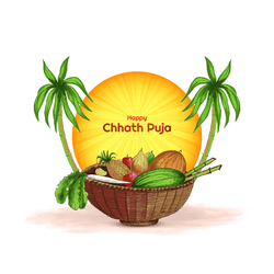 Festive Chhath Puja post with decorated baskets and glowing lamps