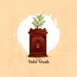 Traditional Tulsi Vivah social media post with decorated Tulsi plant and festive elements