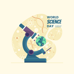 World Science Day social media post with science icons and laboratory elements