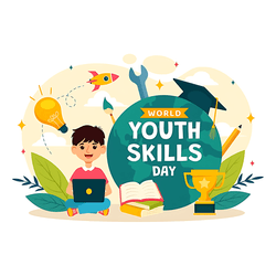 Youth holding skill icons in colorful design for World Youth Skills Day