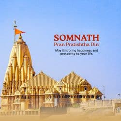Somnath Temple Pran Pratishtha social media post design by AiFlexa – spiritual and cultural template for Hindu religious promotion