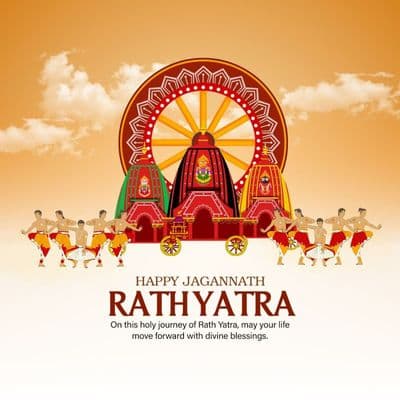 Devotees pulling Jagannath's chariot with temple in background