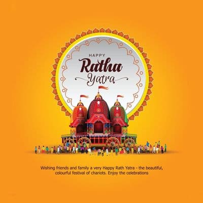 Illustration of Lord Jagannath on decorated ratha with temple backdrop