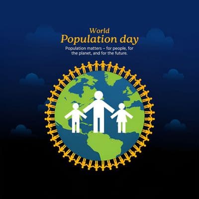 Earth globe surrounded by diverse people holding hands – population awareness visual