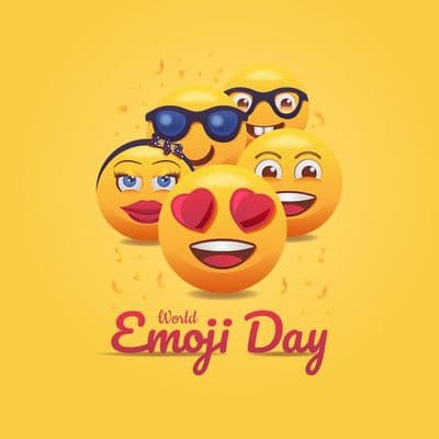 Colorful emojis with confetti and text "World Emoji Day" in modern font